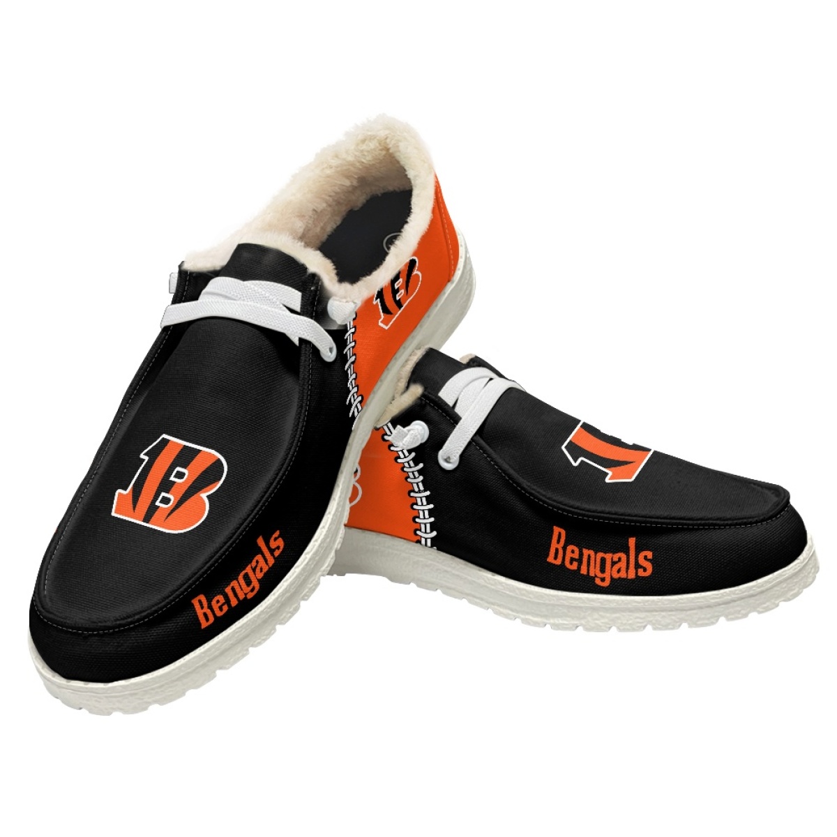 Men's Cincinnati Bengals Loafers Lace Up Fuzzy Lined Shoes 002 (Pls check description for details)
